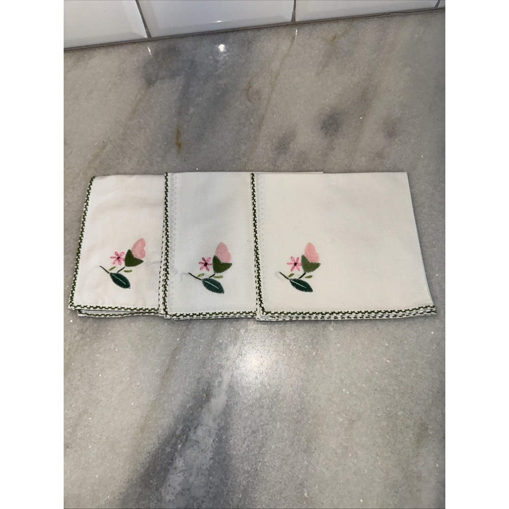 Set Of 3 Vintage Appliqué/embroidered Handkerchiefs/doilyPink Flowers Green Trim